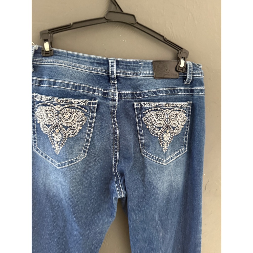 Cedar Rose Womens Blue Embellished Bootcut Jeans 32 Rhinestone Pockets Denim